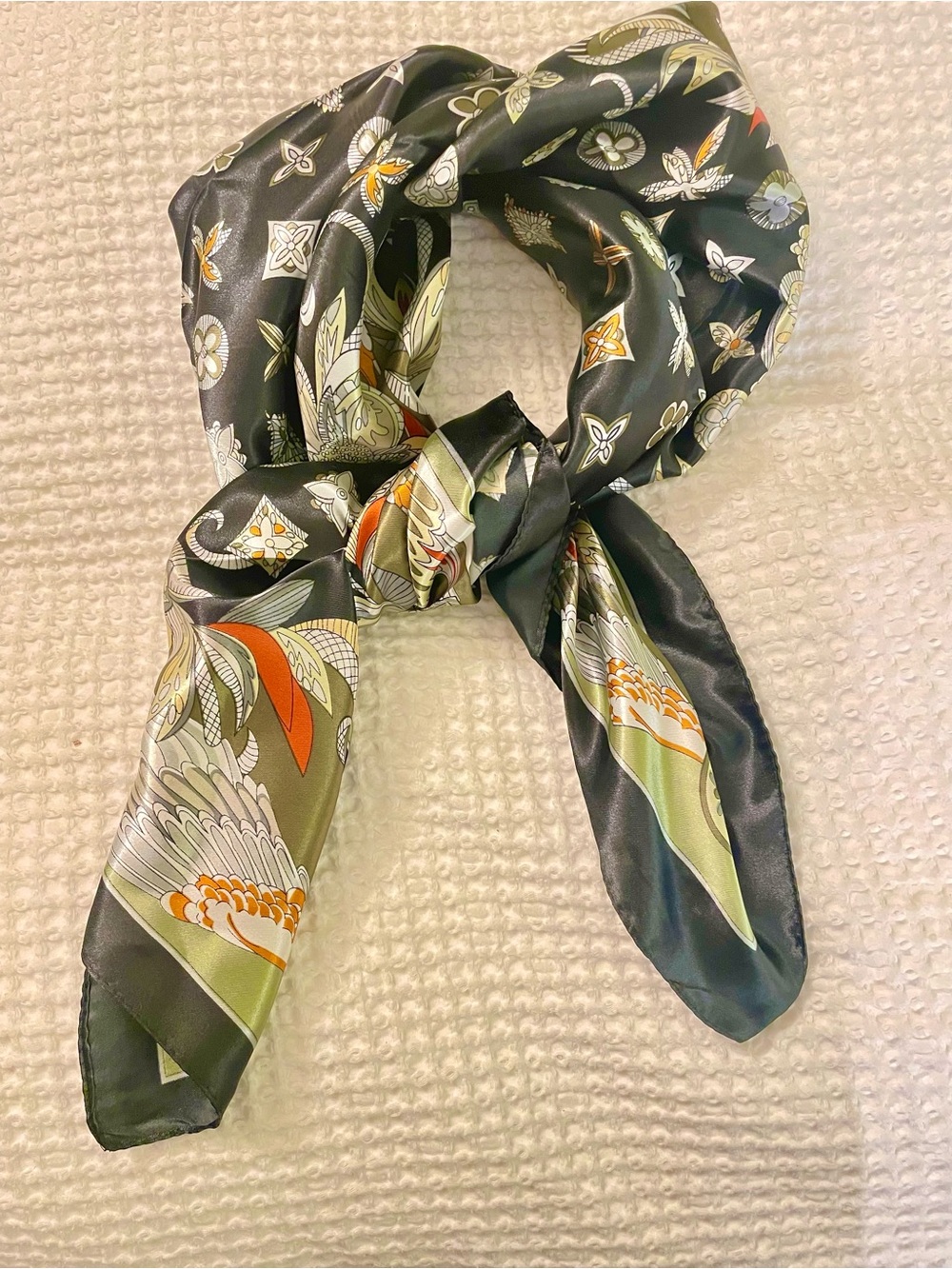 Elegant Olive & Black Satin Square Scarf - Luxe Printed Wrap - Picture 5 of 5